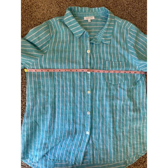 Habitat Clothes to Live in Linen Aqua Striped Oversized Lagenlook Shirt, Large - Picture 4 of 8